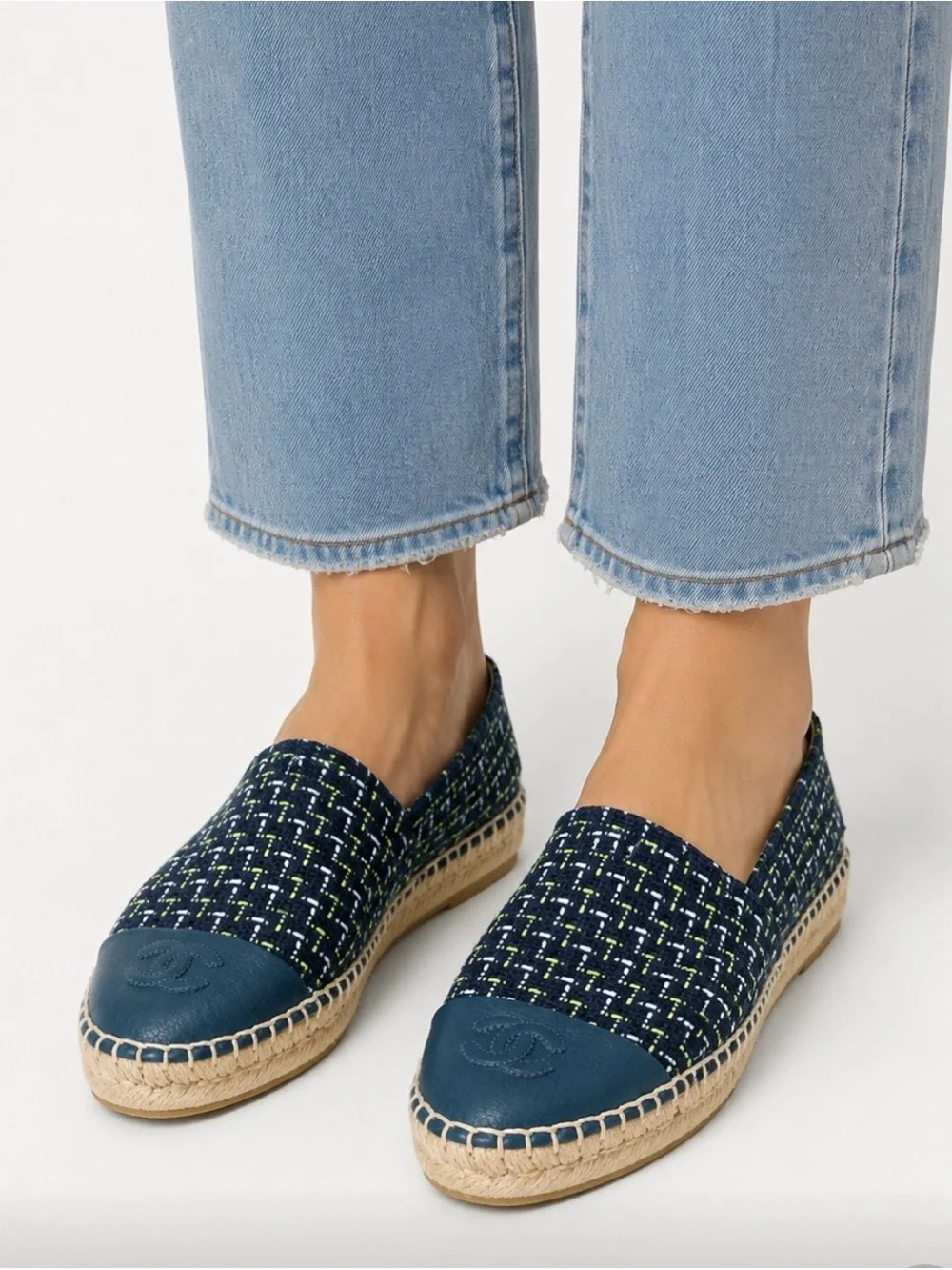 NWOT CHANEL CC Logo Cap Toe Navy Tweed Espadrille Flats Size EU 39